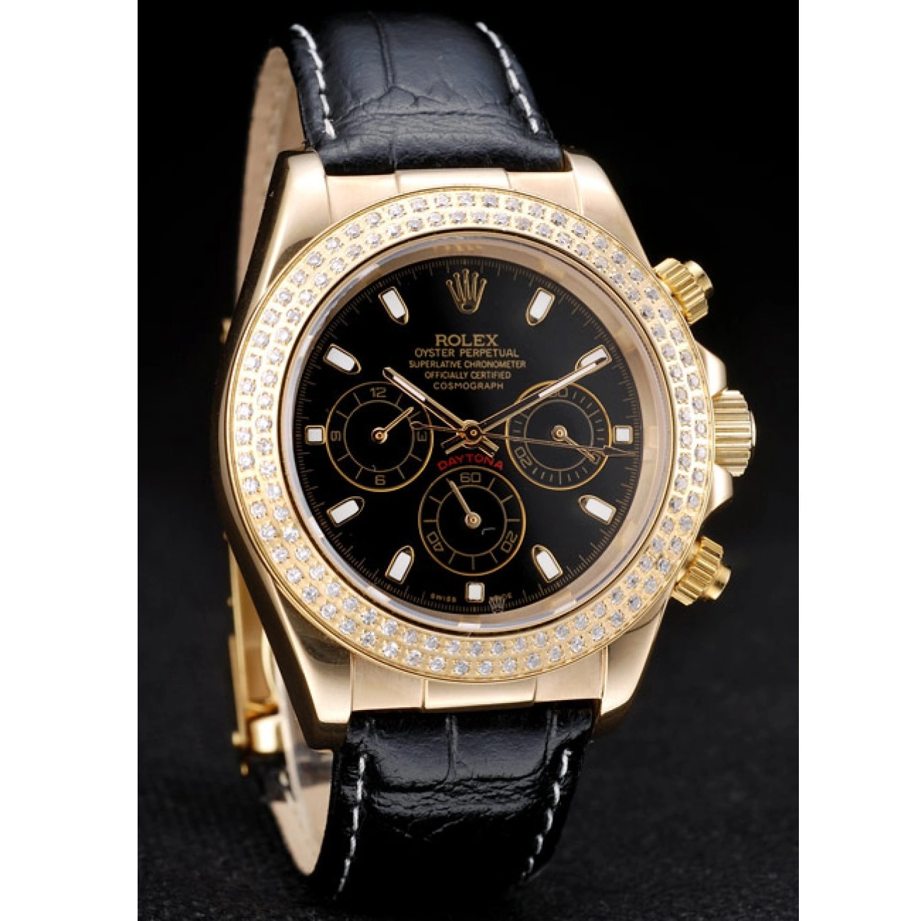 Aaa replica watch Bezel Crystal Studded Rolex Daytona Case Gold Dial Black 0708